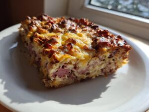 A square slice of homemade Reuben bake featuring corned beef, sauerkraut, and a browned, cheesy topping, served on a white plate.