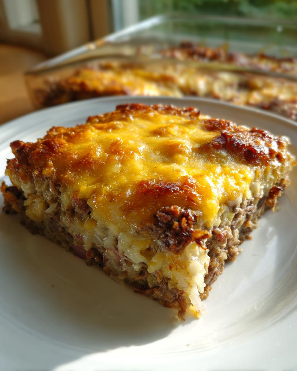 A close-up of a square slice of homemade Reuben bake topped with golden, melted cheese, served on a white plate.