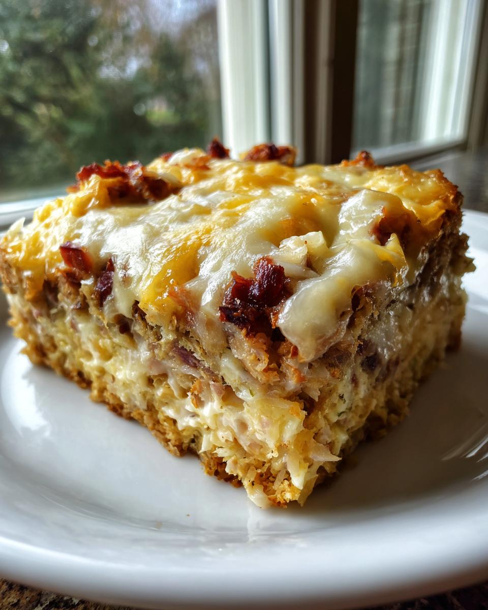A thick, square slice of homemade reuben bake topped with melted white and yellow cheese and bits of meat.