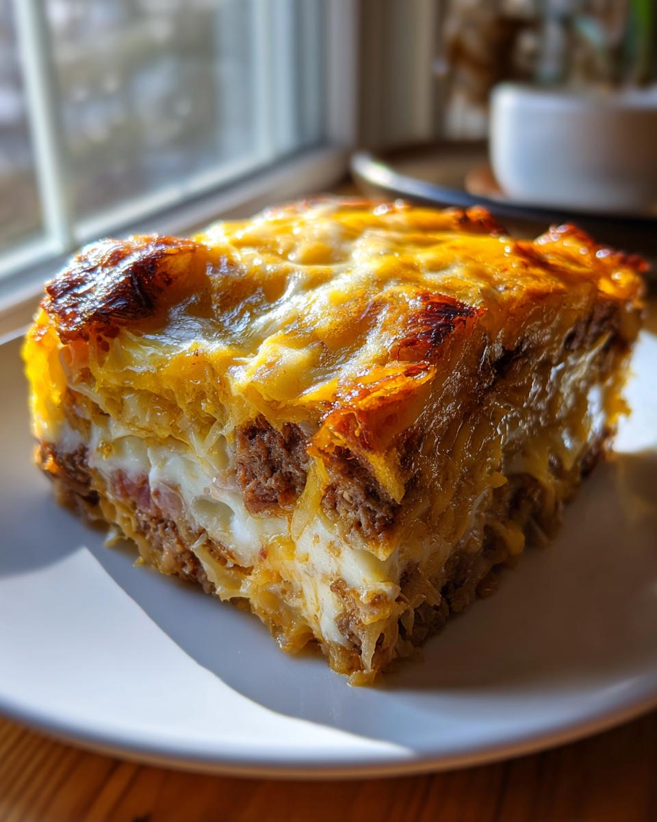 A thick, golden-brown slice of homemade reuben bake with visible layers of meat and cheese, served on a white plate.