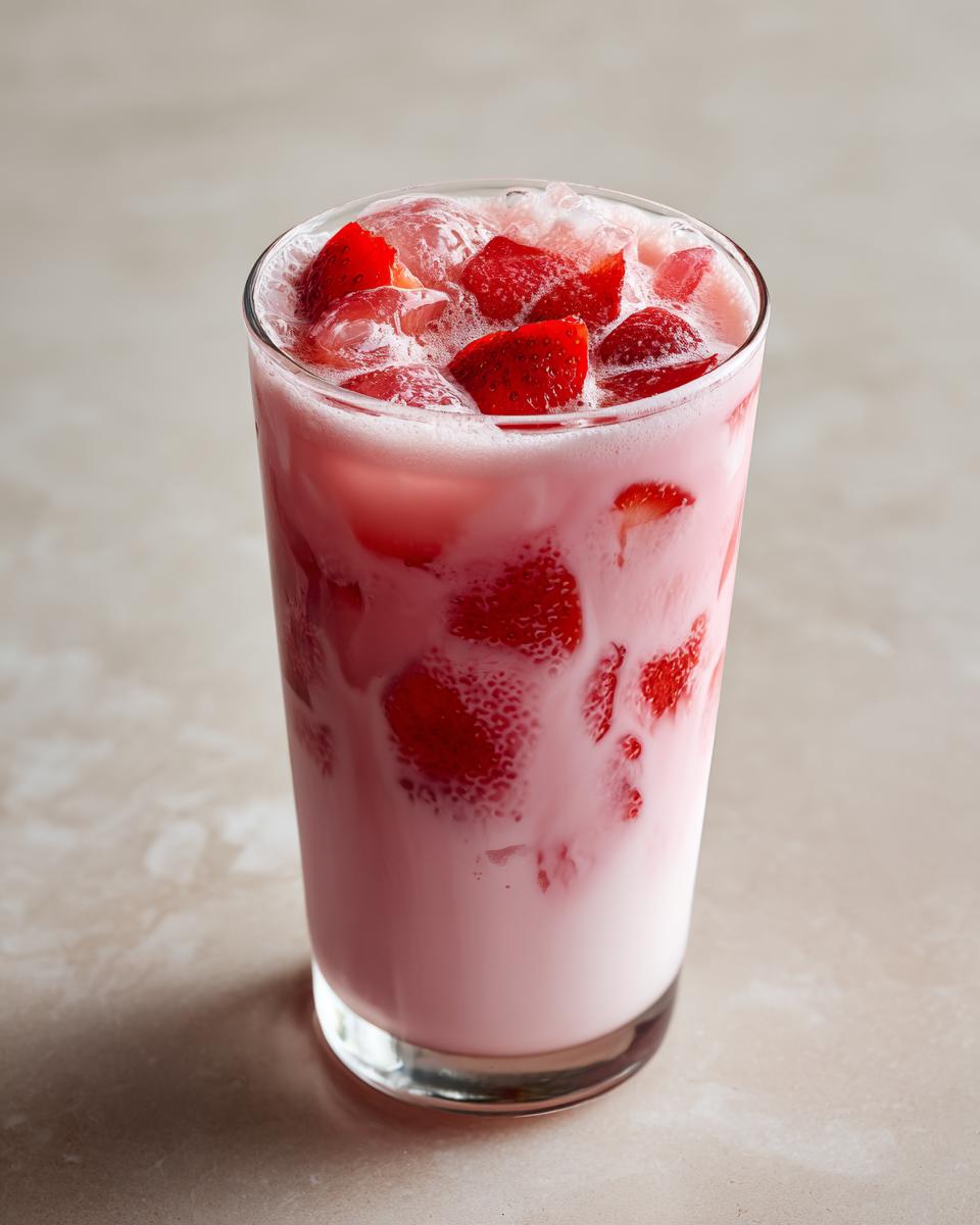 A tall glass filled with homemade strawberry milk, ice cubes, and chunks of fresh strawberries throughout.