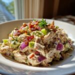 A close-up of creamy honey mustard chicken salad mixed with avocado, red onion, celery, and topped with crispy bacon.