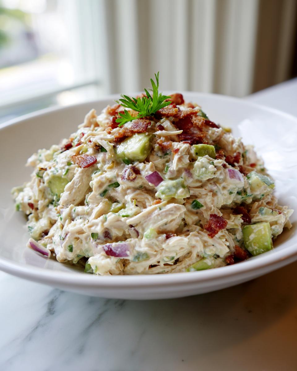 A bowl filled with creamy honey mustard chicken salad mixed with avocado, red onion, and topped with crispy bacon bits.