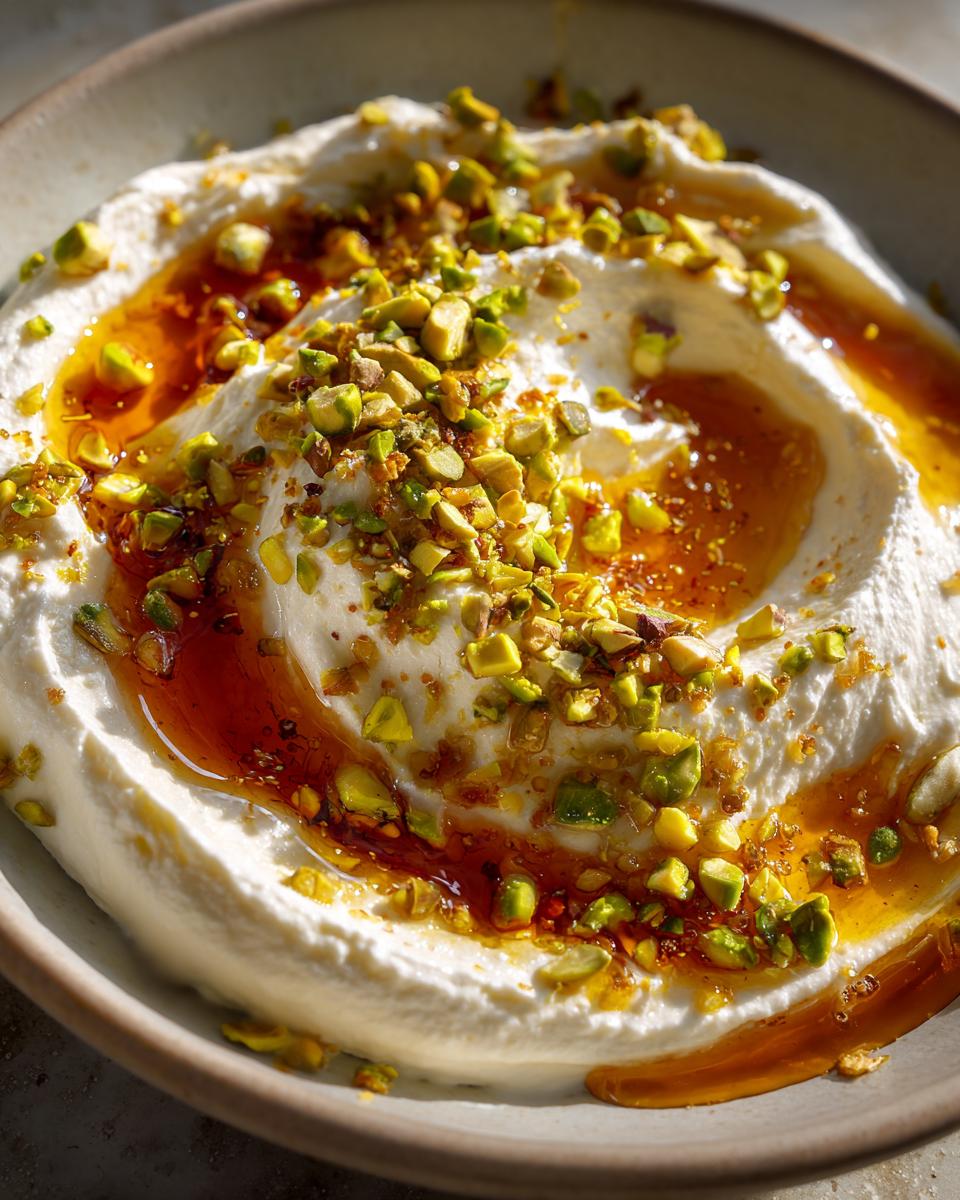 A close-up of creamy ricotta dip topped with golden honey and chopped green pistachios.