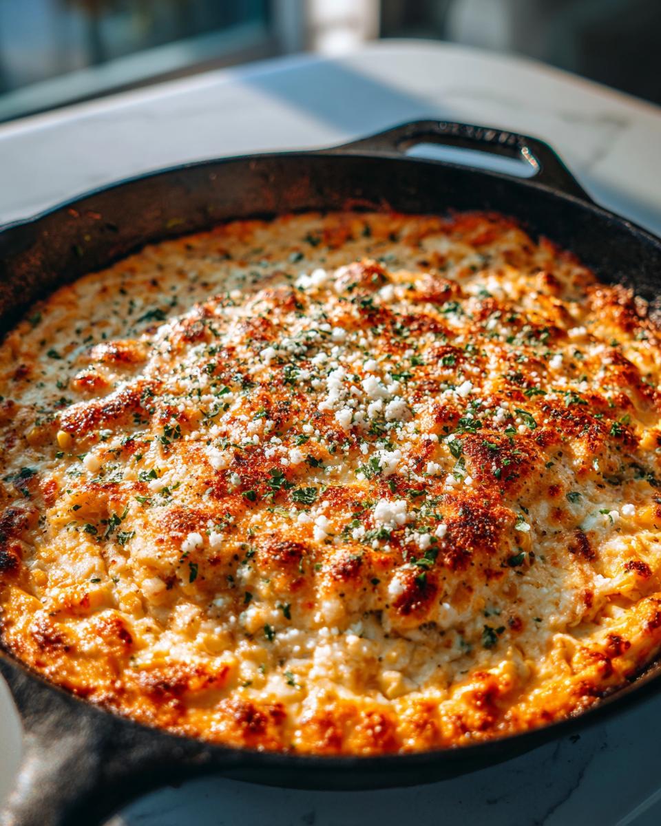 Close-up of a bubbling, hot baked elote dip topped with crumbled cheese and parsley in a black cast iron skillet.