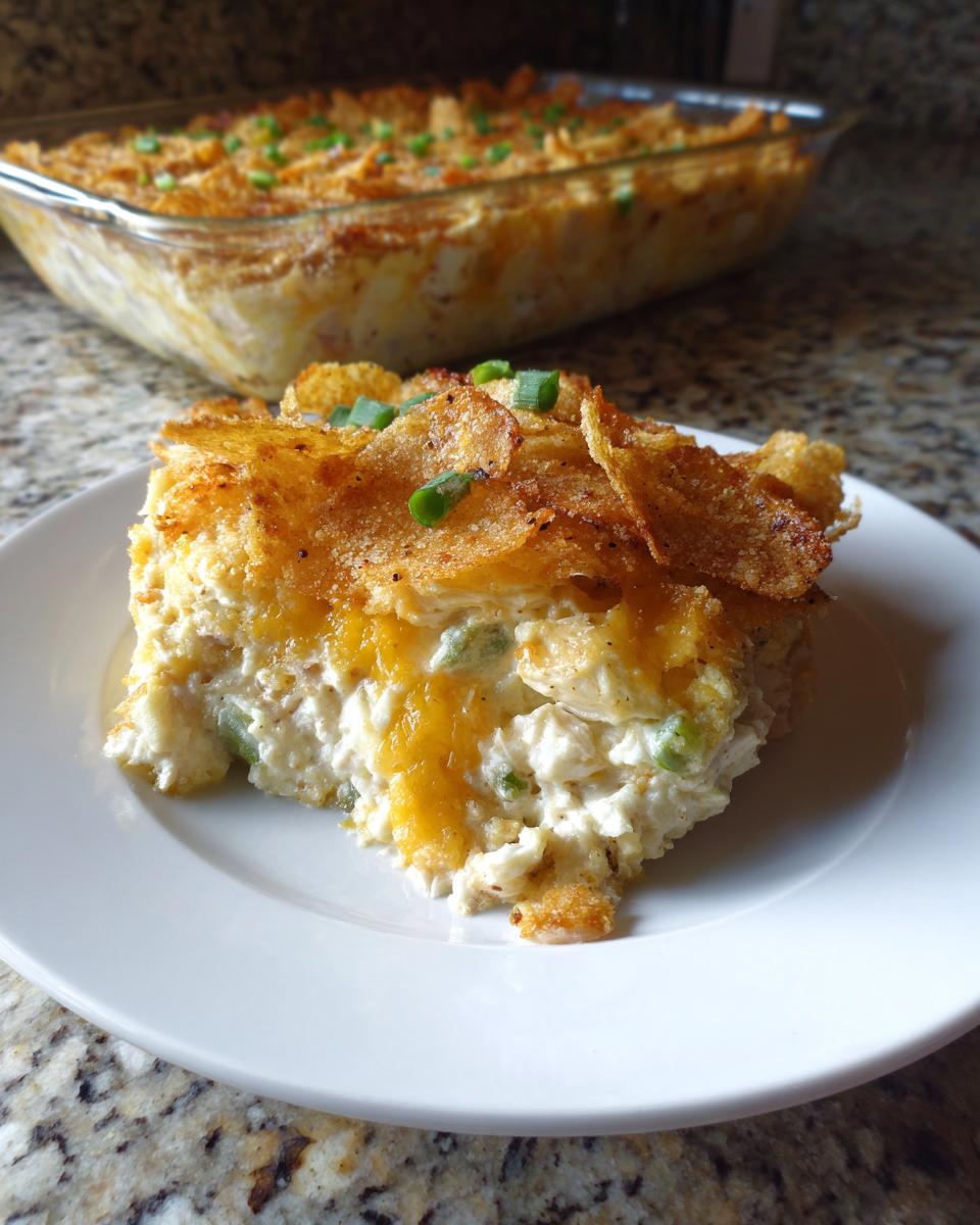 A generous serving of amazing hot chicken salad casserole topped with crunchy chips and green onions.