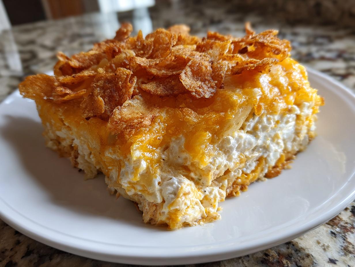 A square serving of hot chicken salad casserole topped with melted cheese and crunchy cornflakes.