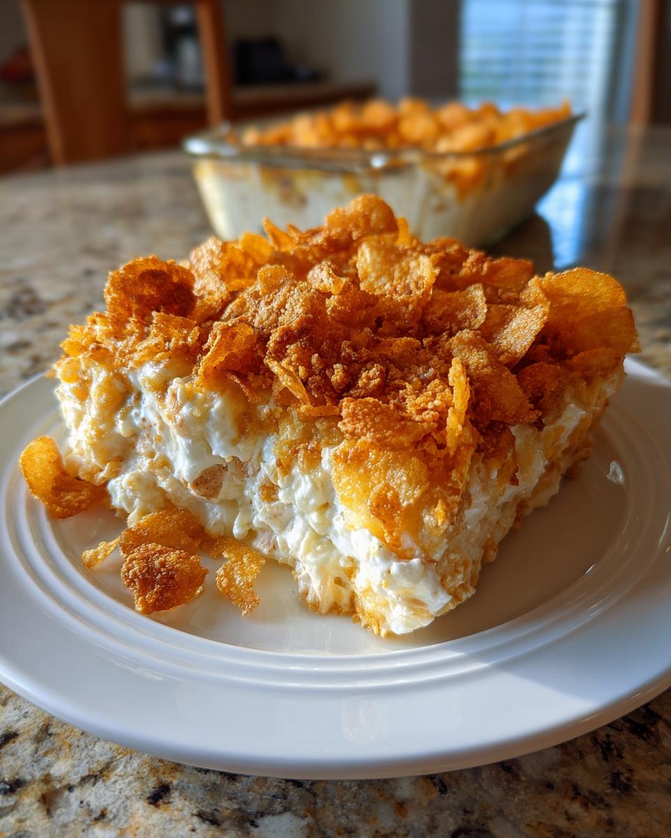 A generous serving of hot chicken salad topped with crispy, golden corn flakes on a white plate.