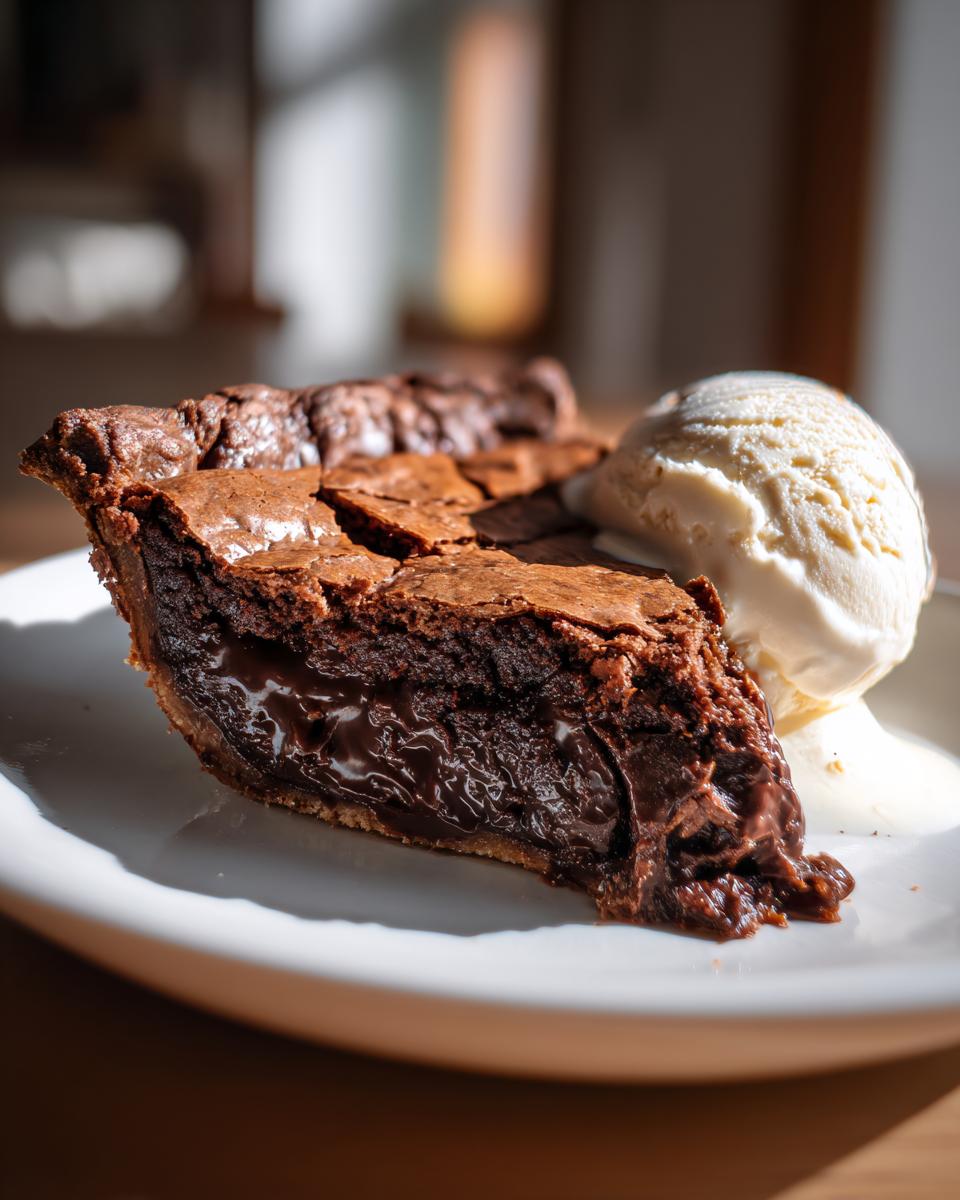 A decadent slice of hot fudge pie with a gooey center served next to a scoop of vanilla ice cream.