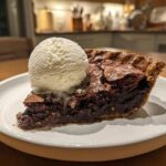 A decadent slice of hot fudge pie topped with a melting scoop of vanilla ice cream on a white plate.