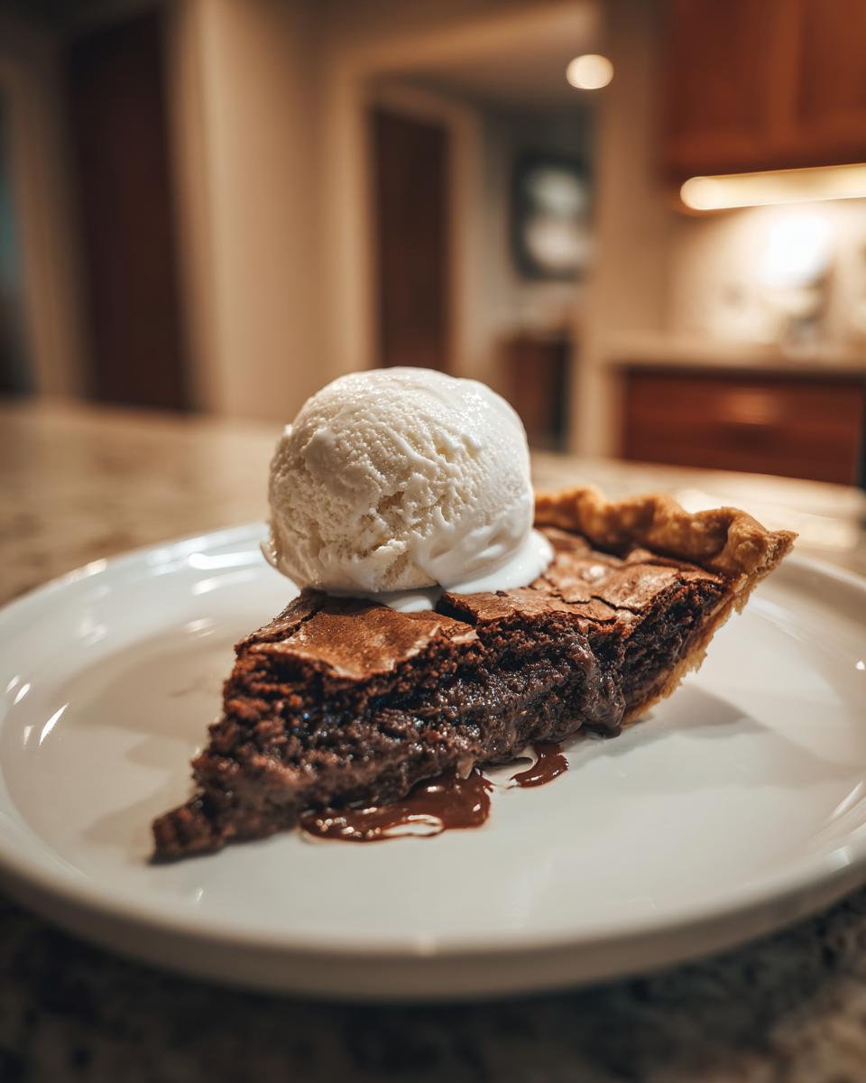 A decadent slice of hot fudge pie with a gooey center, topped with a scoop of vanilla ice cream, served on a white plate.