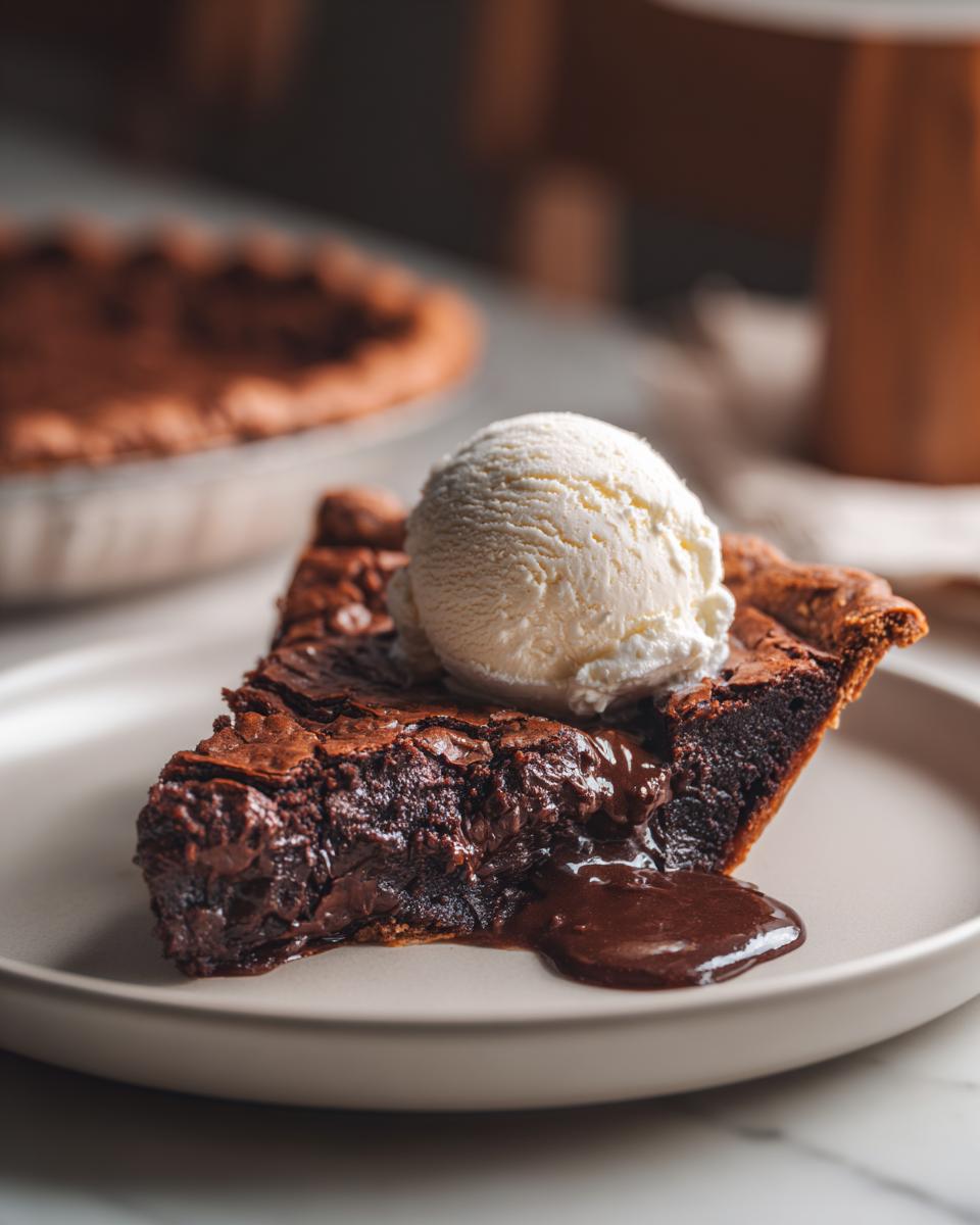 A rich slice of hot fudge pie topped with a scoop of vanilla ice cream, melting slightly.
