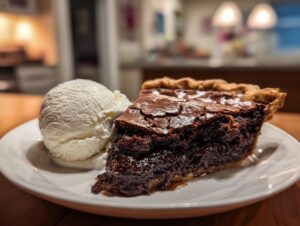 A decadent slice of rich, gooey hot fudge pie served next to a scoop of vanilla ice cream on a white plate.