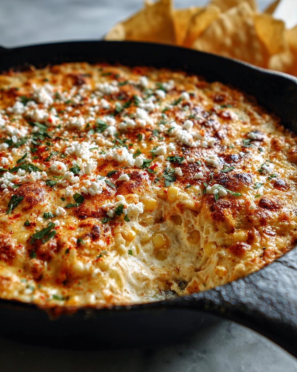 Close-up of a hot, cheesy elote dip baked in a cast-iron skillet, topped with cotija cheese and paprika.