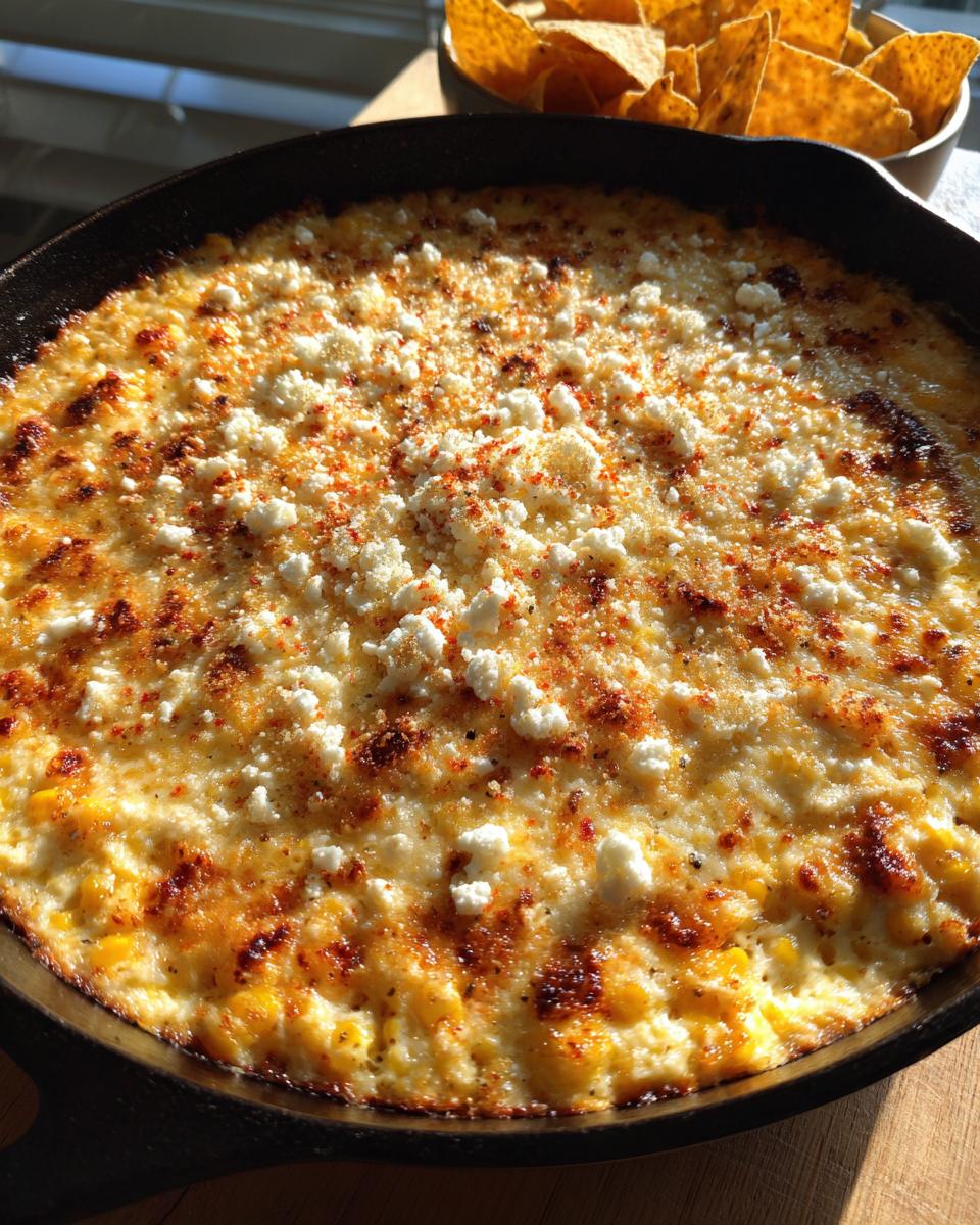 Close-up of hot, baked elote dip in a cast iron skillet, topped with crumbled white cheese and paprika.