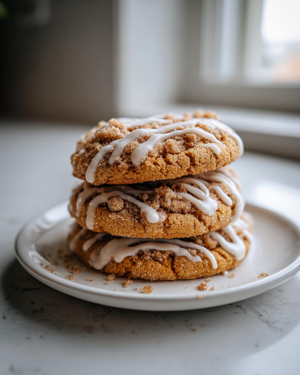 A stack of three delicious coffee cake cookies, topped with streusel and drizzled with white icing.