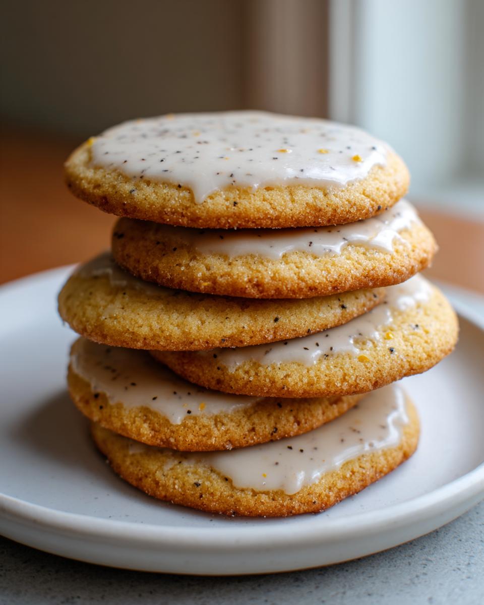 A stack of four golden brown earl grey cookies topped with a light glaze speckled with tea leaves.