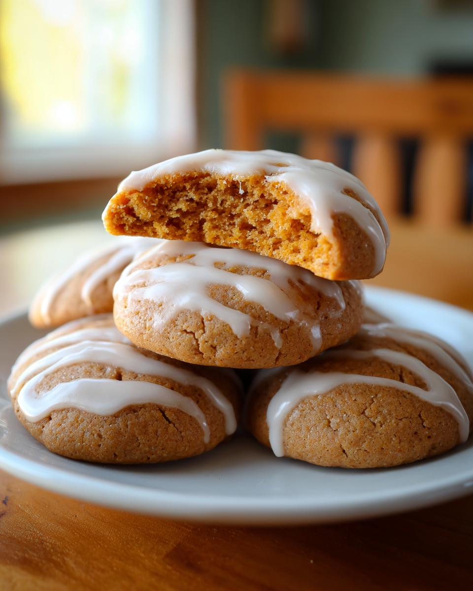 A stack of soft, spiced persimmon cookies drizzled with white icing, one cookie broken open to show the moist interior.