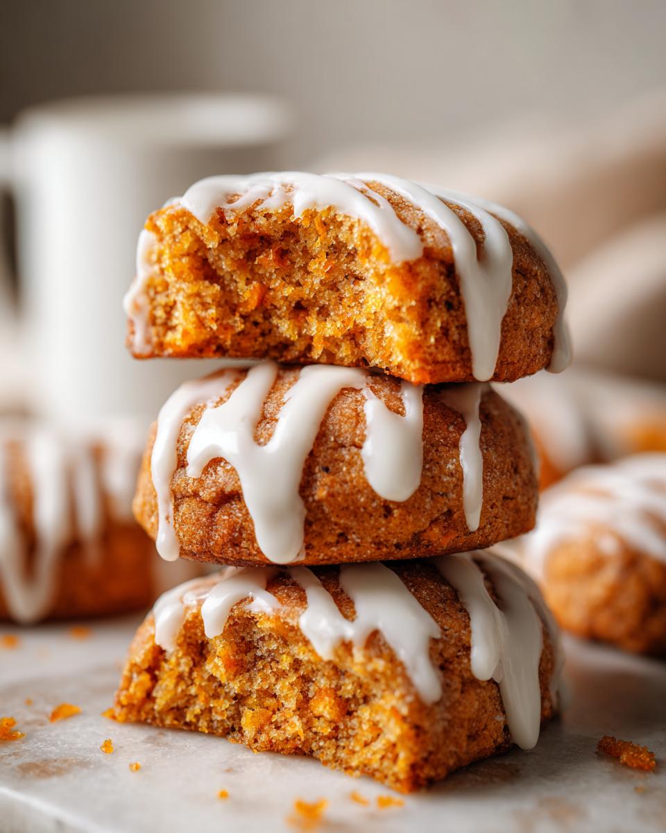 A stack of three soft persimmon cookies drizzled with white icing, with the top cookie showing a bite mark.
