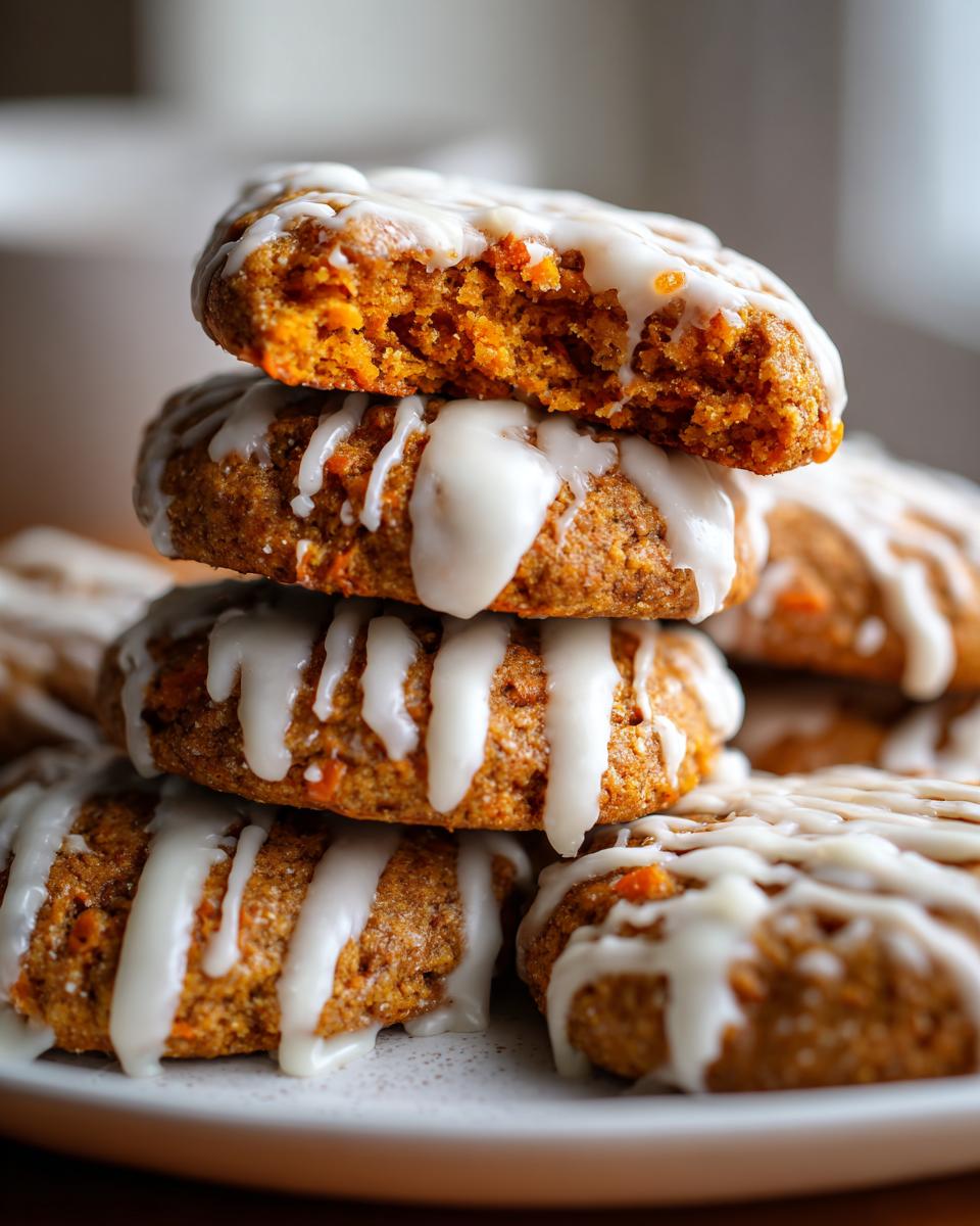 Close-up of a stack of soft persimmon cookies drizzled with white icing, one cookie on top is broken open.