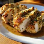 Four thick slices of juicy instant pot turkey breast with a golden herb crust resting in savory gravy.