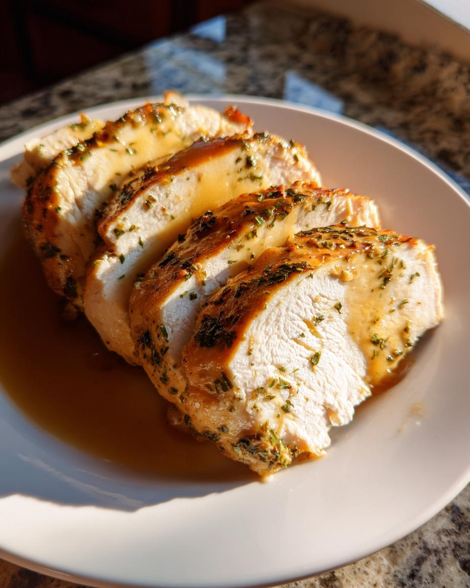 Four thick slices of juicy Instant Pot turkey breast drizzled with herb gravy on a white plate.