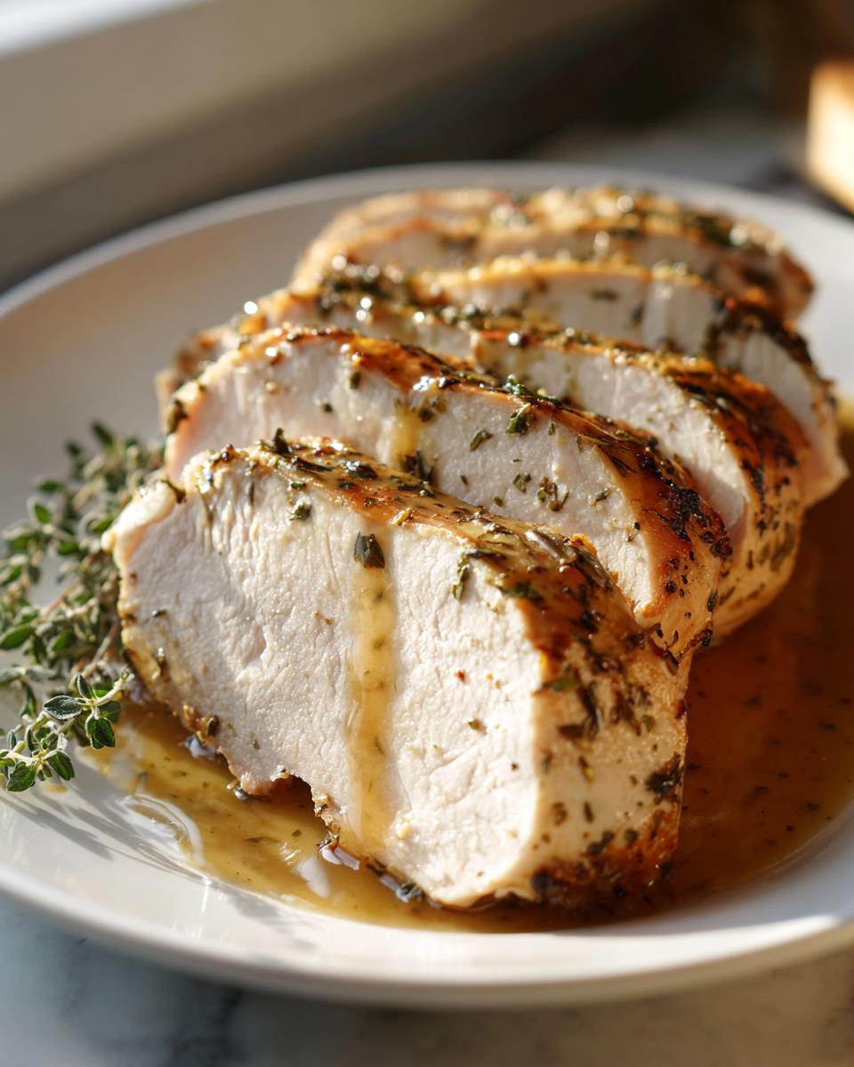 Close-up of juicy, sliced instant pot turkey breast drizzled with herb gravy and garnished with fresh thyme.