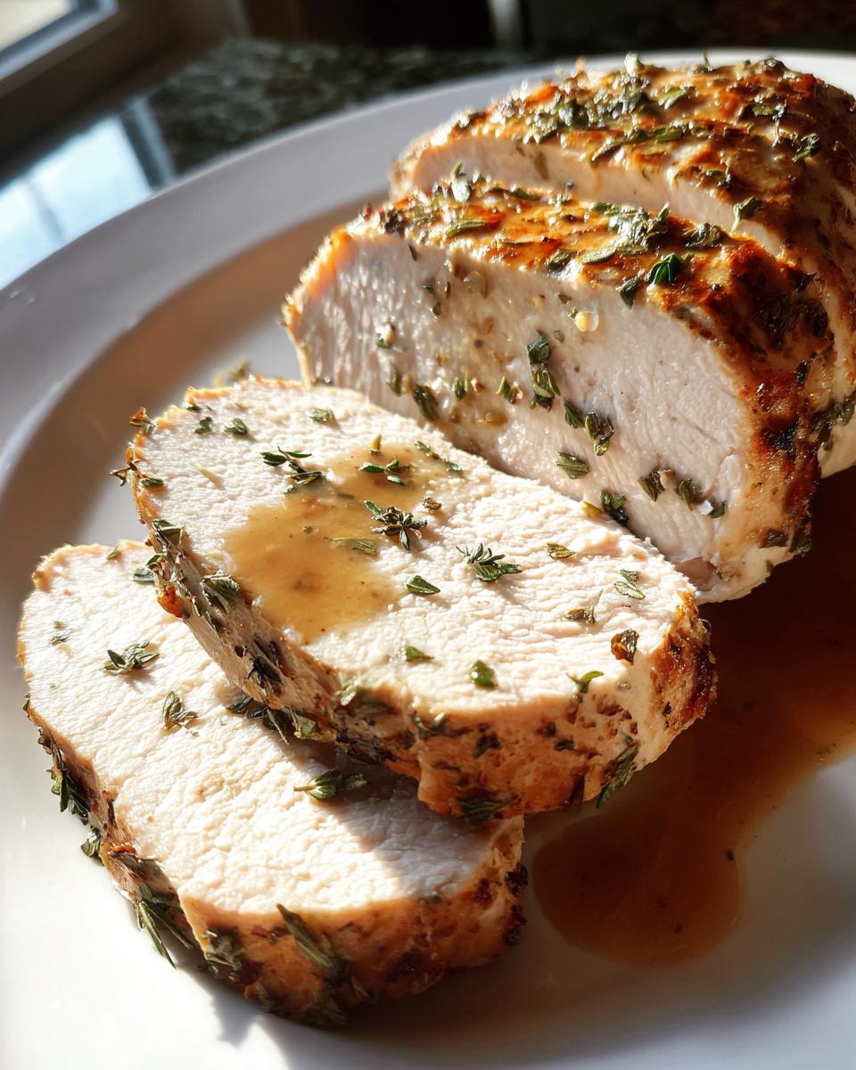 Close-up of juicy, sliced instant pot turkey breast seasoned with herbs and drizzled with pan juices.