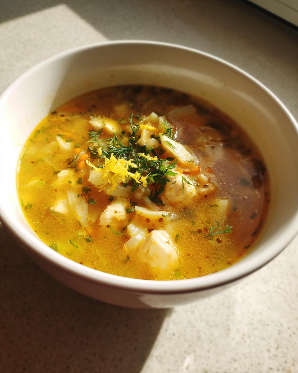 Close-up of a white bowl filled with vibrant yellow Italian penicillin soup, featuring chicken pieces and topped with fresh herbs and lemon zest.