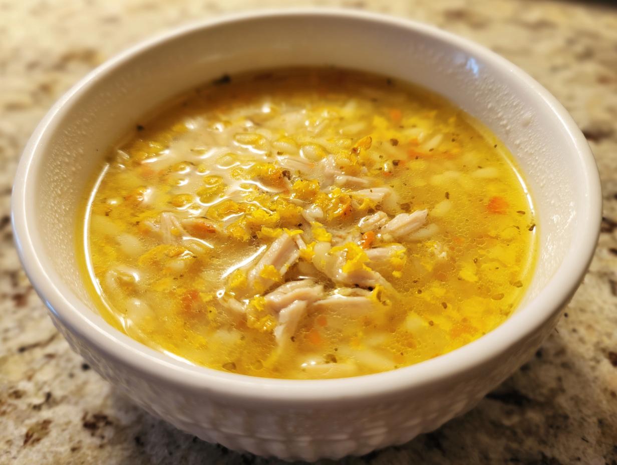 A close-up view of a white bowl filled with bright yellow Italian penicillin soup, featuring shredded chicken and orzo pasta.