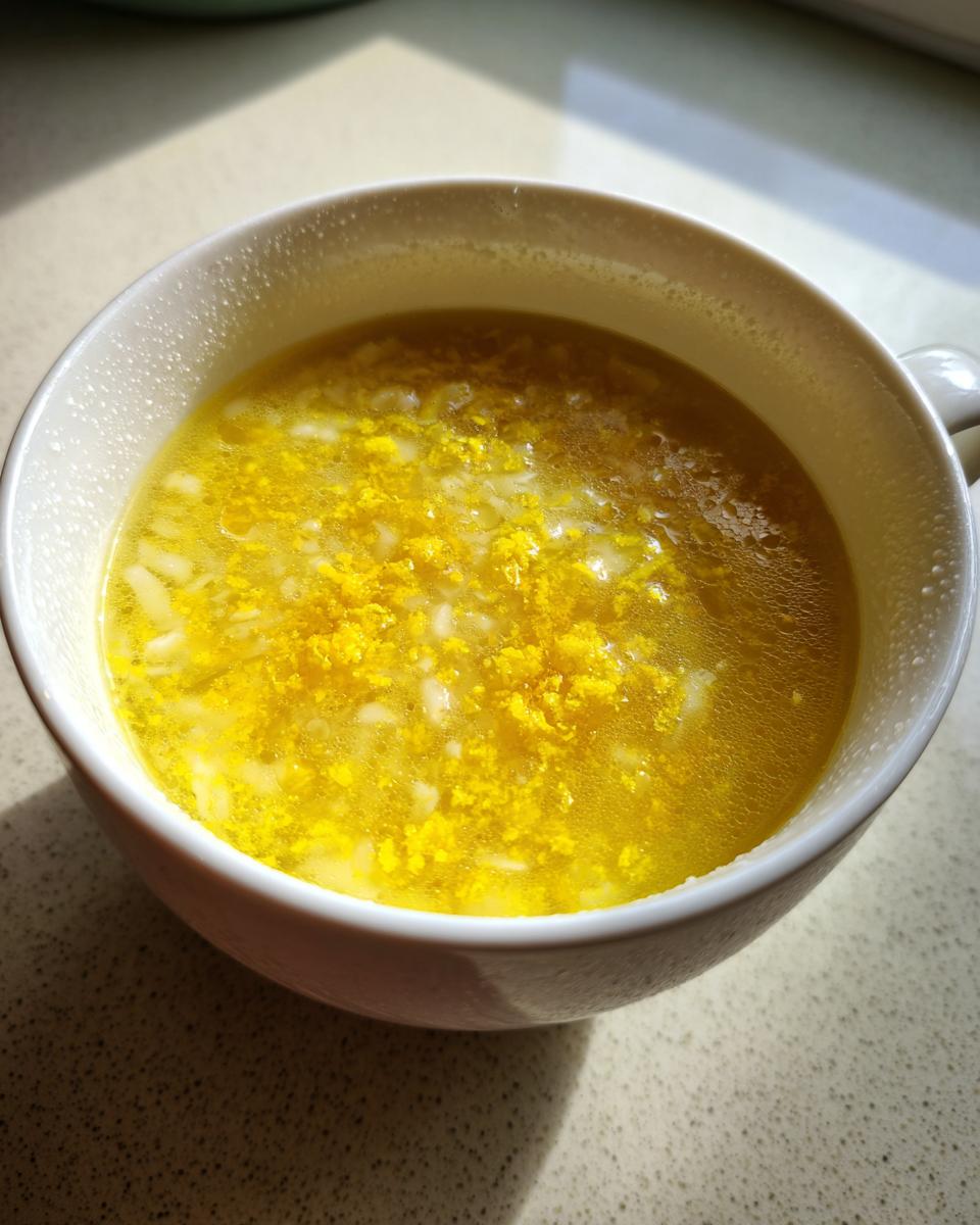 A close-up of bright yellow Italian penicillin soup with egg shreds and small pasta pieces in a white mug.