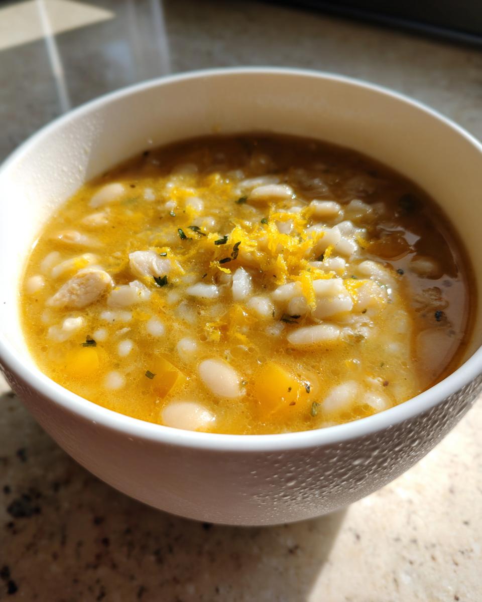 Close-up of a white bowl filled with rich, yellow Italian penicillin soup containing white beans, rice, and topped with bright lemon zest.