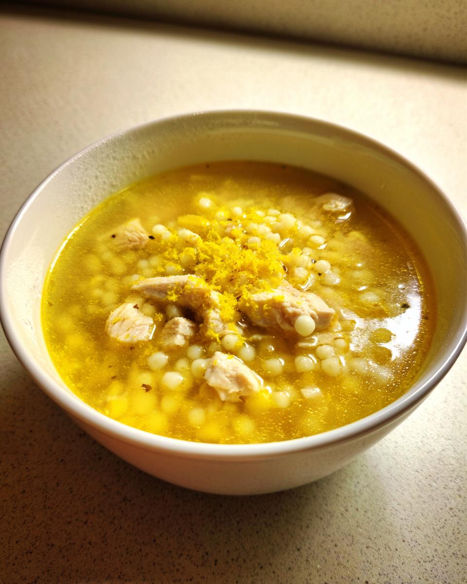 A close-up of a bowl of bright yellow Italian penicillin soup with chicken pieces, acini di pepe pasta, and lemon zest.