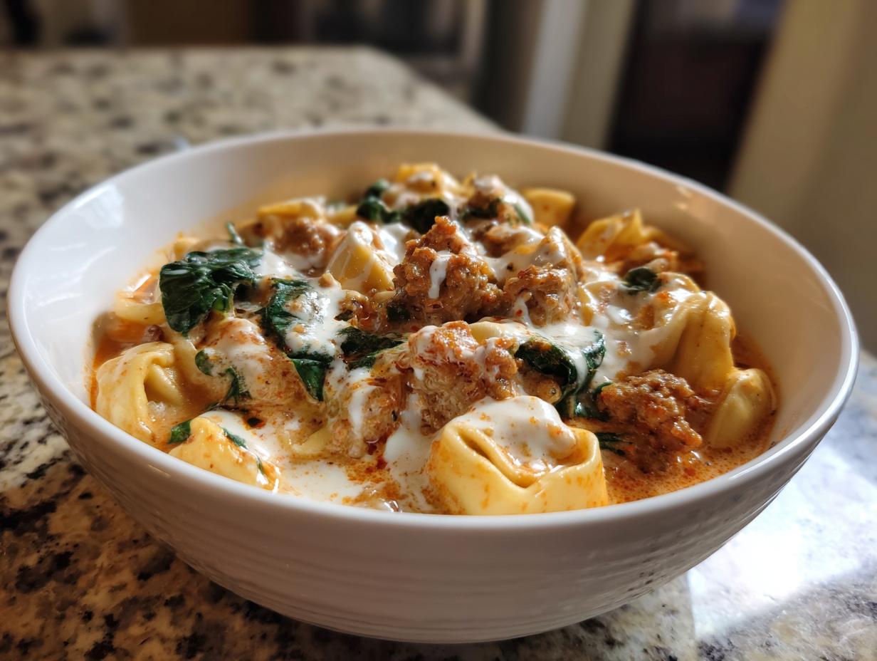 A close-up of a white bowl filled with rich Italian sausage tortellini soup, featuring sausage, spinach, and a cream drizzle.