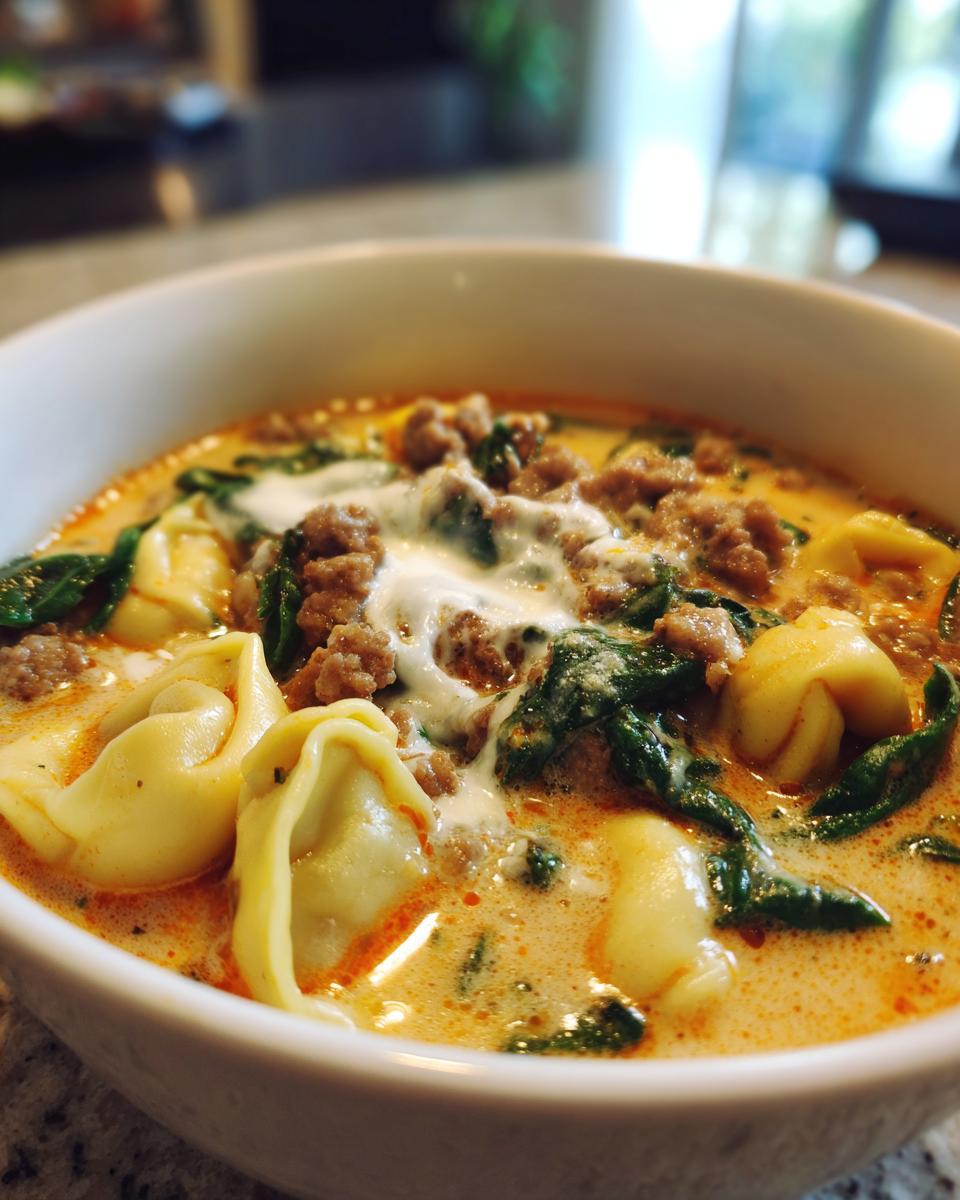 Close-up of a bowl of creamy Italian sausage tortellini soup with spinach and a dollop of cream.