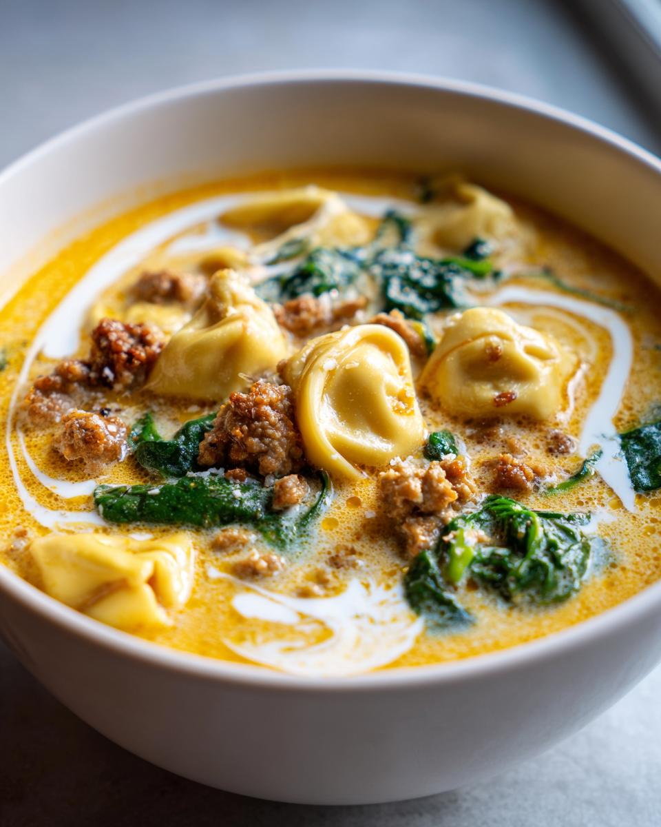 Close-up of a rich, creamy Italian sausage tortellini soup with spinach and visible swirls of cream.