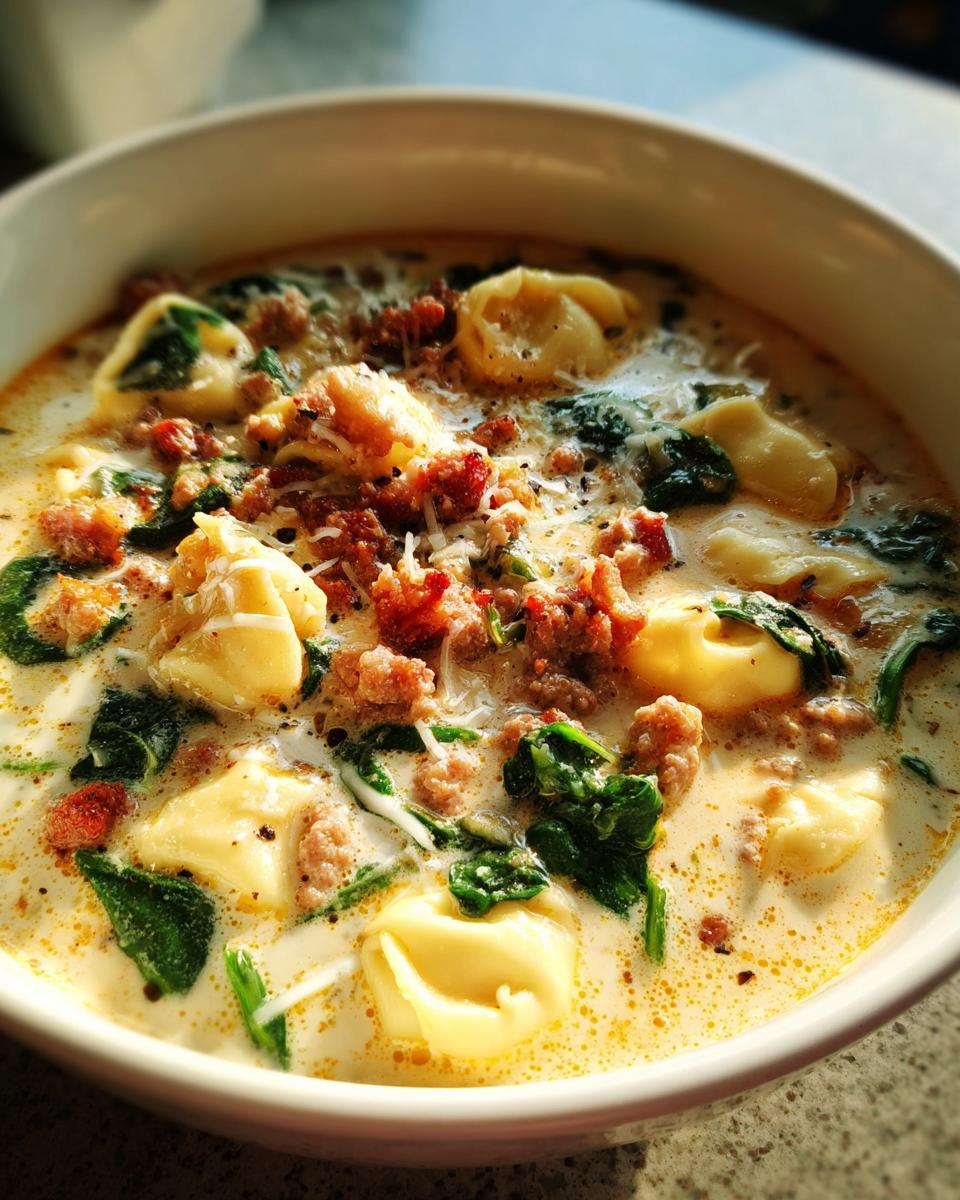 Close-up of a creamy Italian sausage tortellini soup featuring cheese tortellini, crumbled sausage, and wilted spinach.