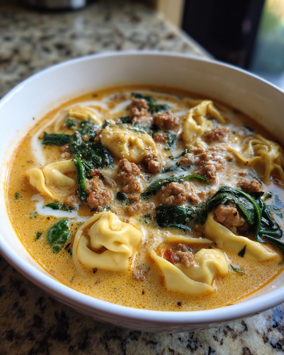 Close-up of a bowl of creamy Italian sausage tortellini soup with spinach and visible swirls of cream.