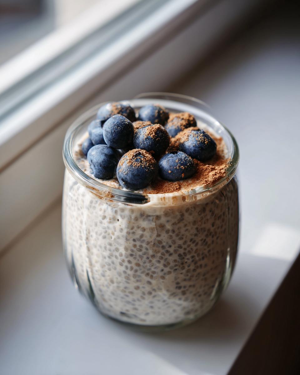 A glass jar filled with creamy chia seed pudding, topped generously with fresh blueberries and a sprinkle of cinnamon.