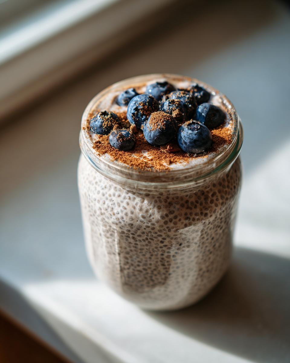Close-up of a glass jar filled with thick chia seed pudding, topped with fresh blueberries and a dusting of cocoa powder.