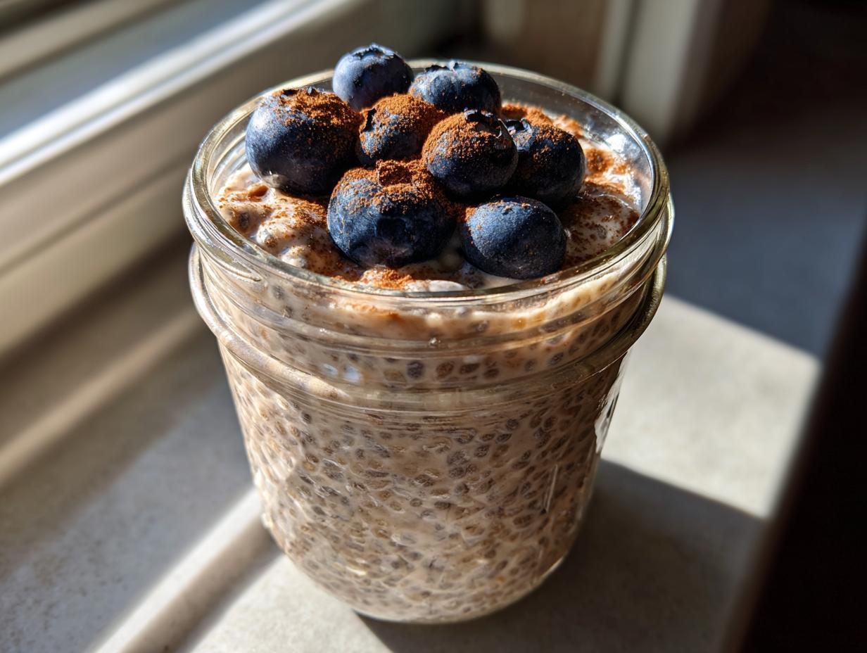 Close-up of a jar filled with creamy chia seed pudding, topped with fresh blueberries and a dusting of cinnamon.