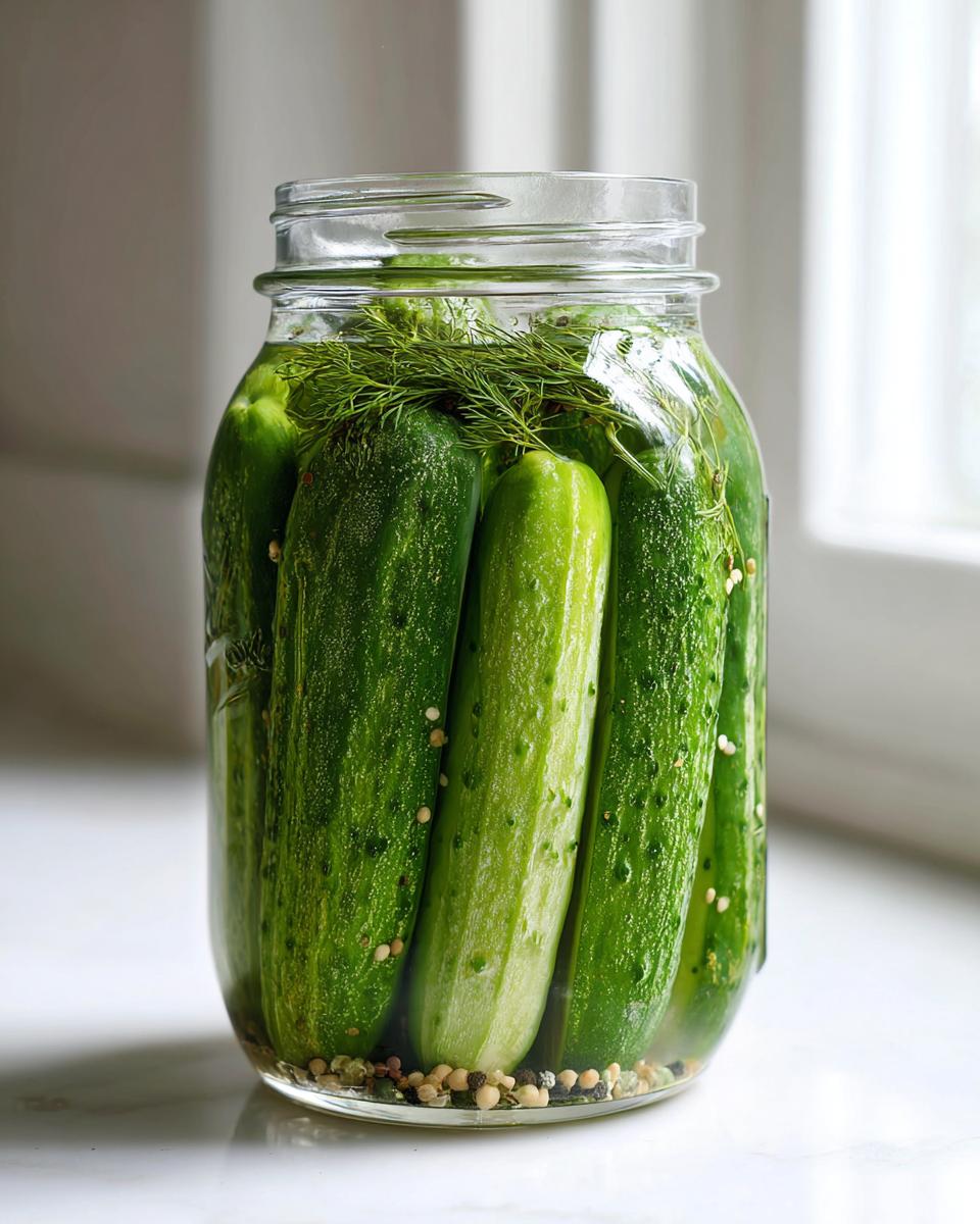A glass jar filled with fresh cucumbers, dill, and pickling spices ready to make refrigerator pickles.