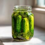 A glass jar filled with crisp cucumbers, fresh dill, and spices for making refrigerator pickles.
