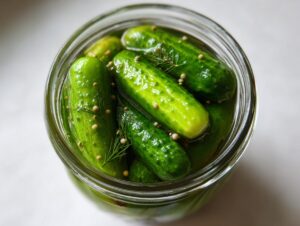 Overhead view of crisp, green refrigerator pickles packed tightly in a glass jar with dill sprigs and mustard seeds.