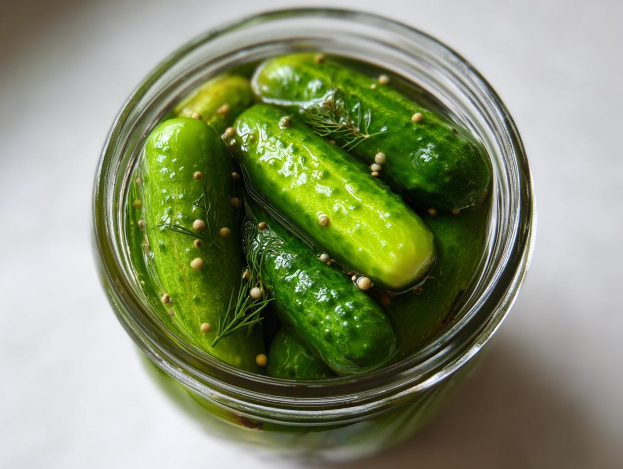 Overhead view of crisp, green refrigerator pickles packed tightly in a glass jar with dill sprigs and mustard seeds.