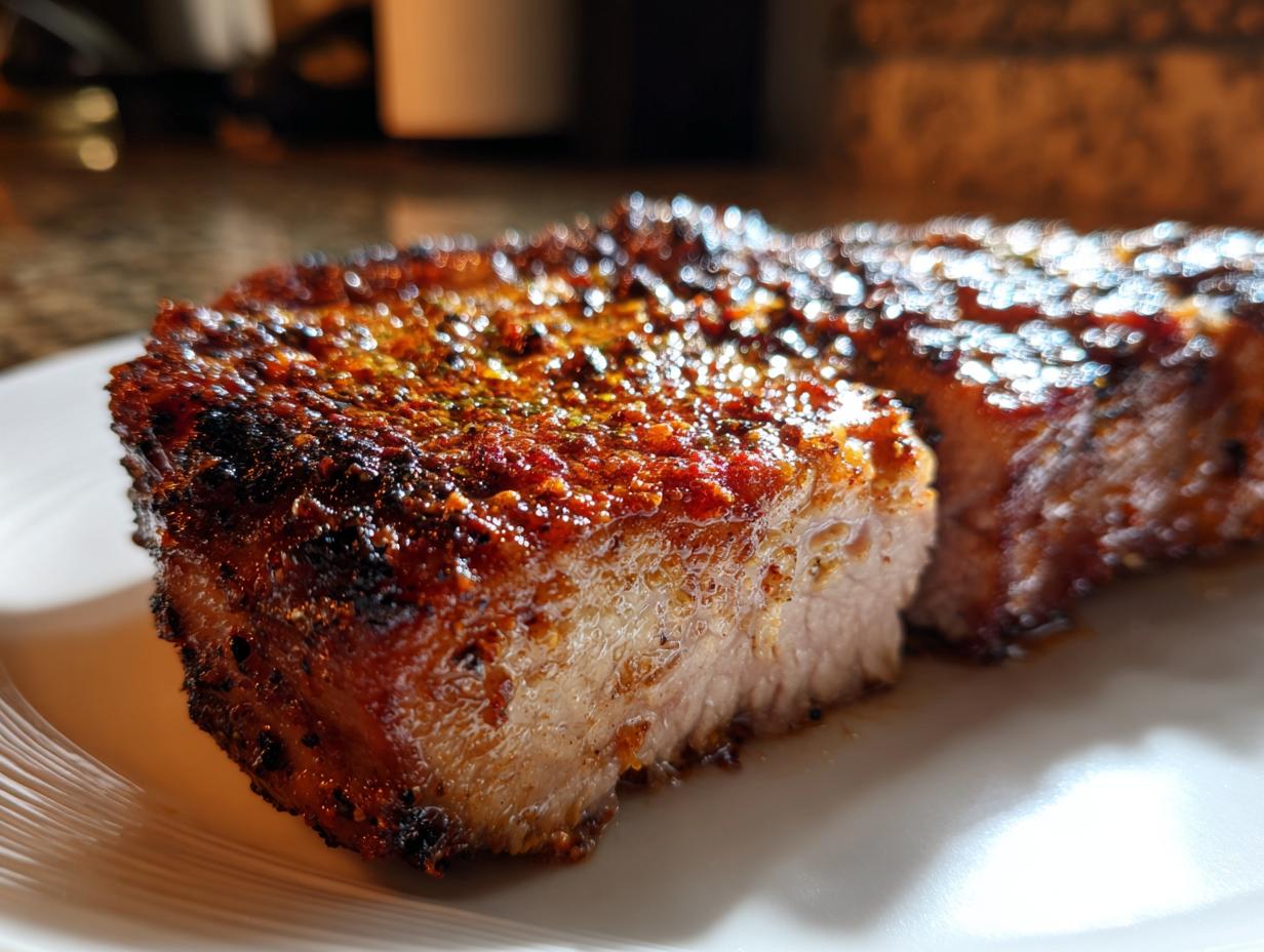 Close-up of a perfectly cooked, juicy air fryer pork chop showing a caramelized, seasoned crust.