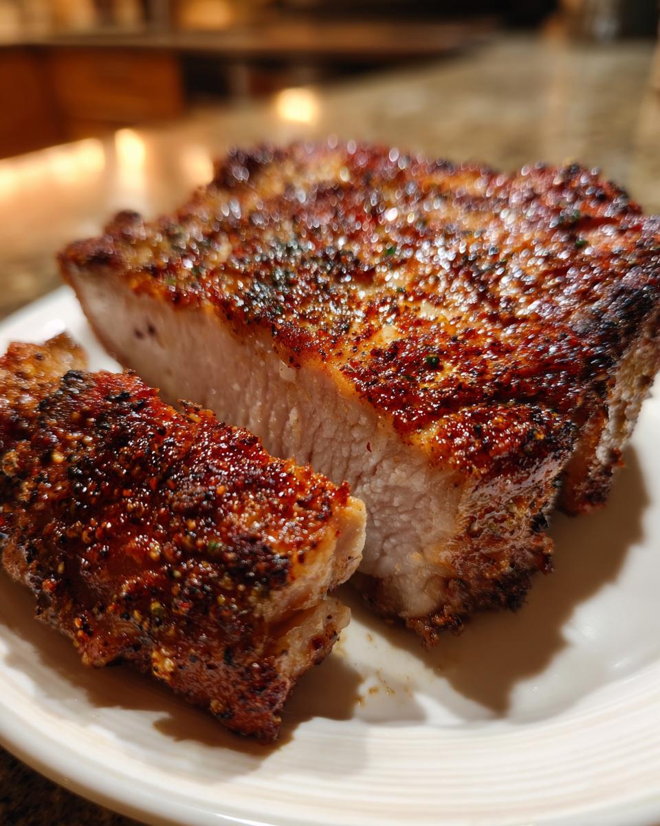 Close-up of a thick, juicy air fryer pork chop, cut to show the perfectly cooked interior and seasoned, browned crust.
