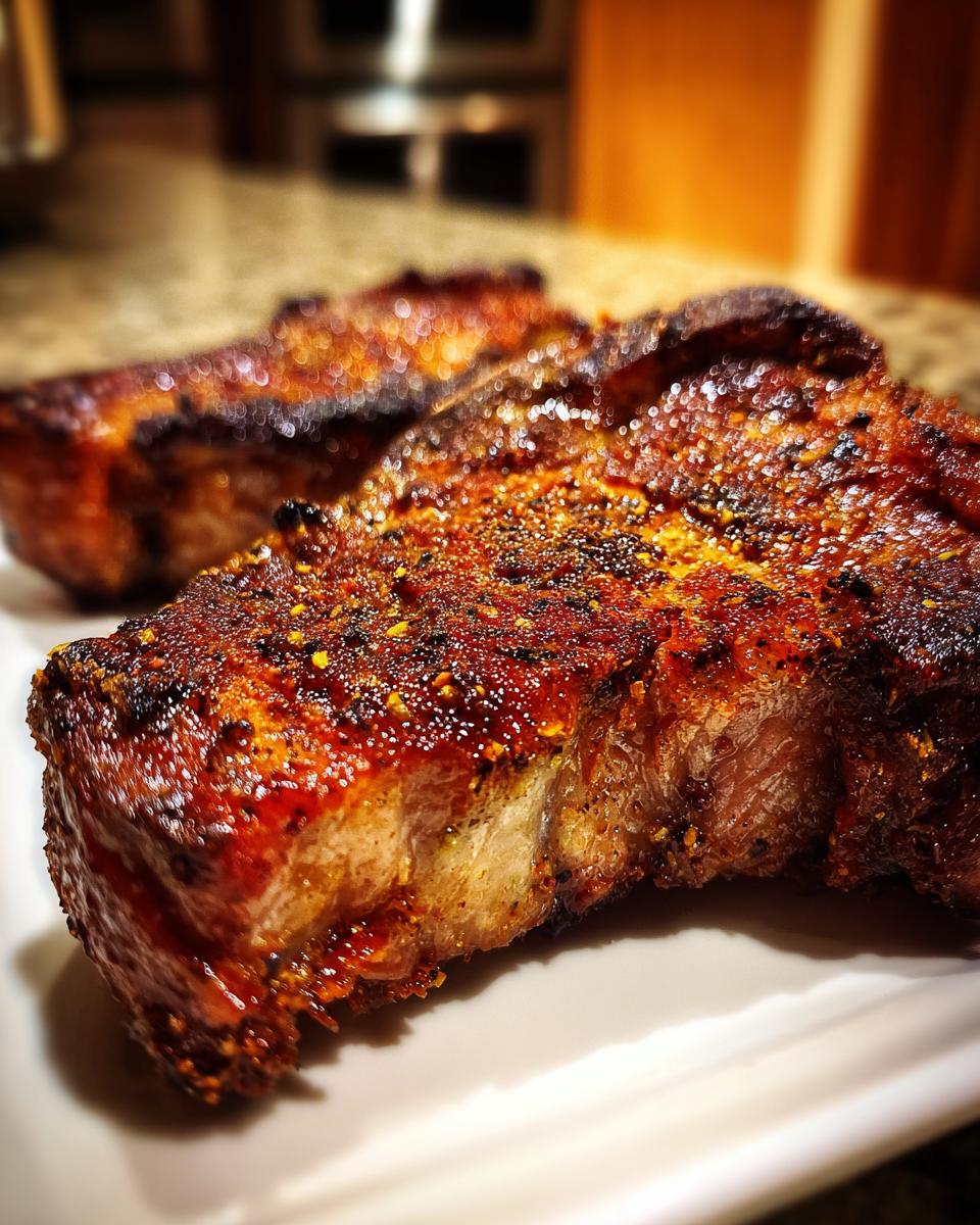 Close-up of two perfectly cooked, juicy air fryer pork chops with a dark, flavorful spice rub.
