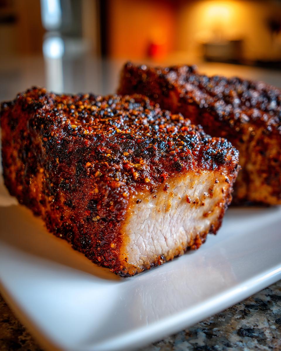 Close-up of a juicy air fryer pork chop, showing the thick, heavily seasoned crust and tender interior.