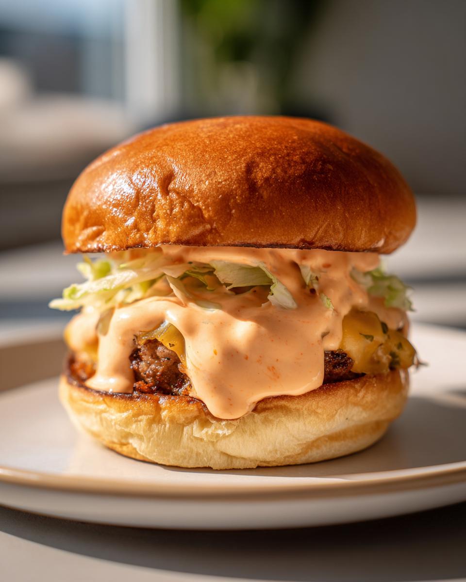 Close-up of a delicious cheeseburger generously topped with creamy, orange burger sauce and shredded lettuce.